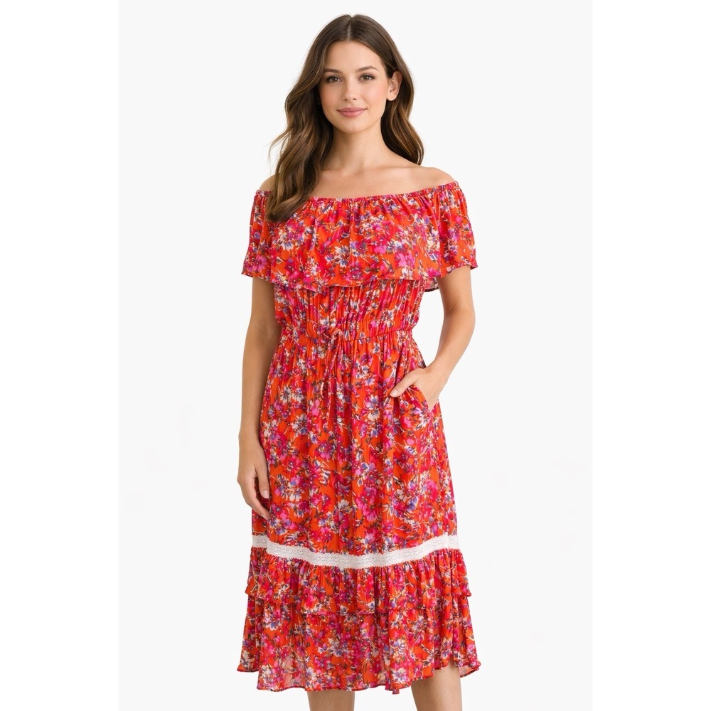 Curations Caravan Womens Floral Boho Dress L Off Shoulder Rayon Midi Belted‎